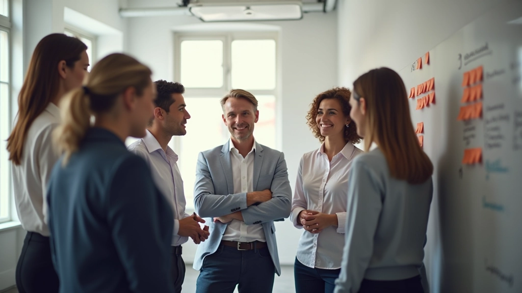 Diverse groep professionals in brainstormsessie met ideeÃ«n op whiteboard
