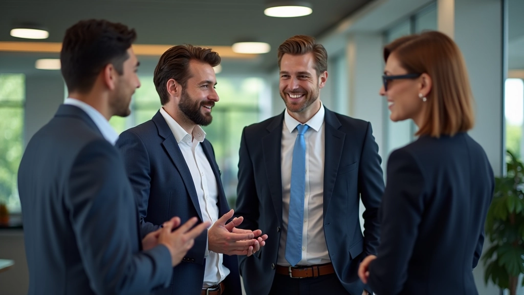 Groep van vier diverse professionals in moderne kantooromgeving, staand in gesprek, diverse etniciteiten, natuurlijke verlichting