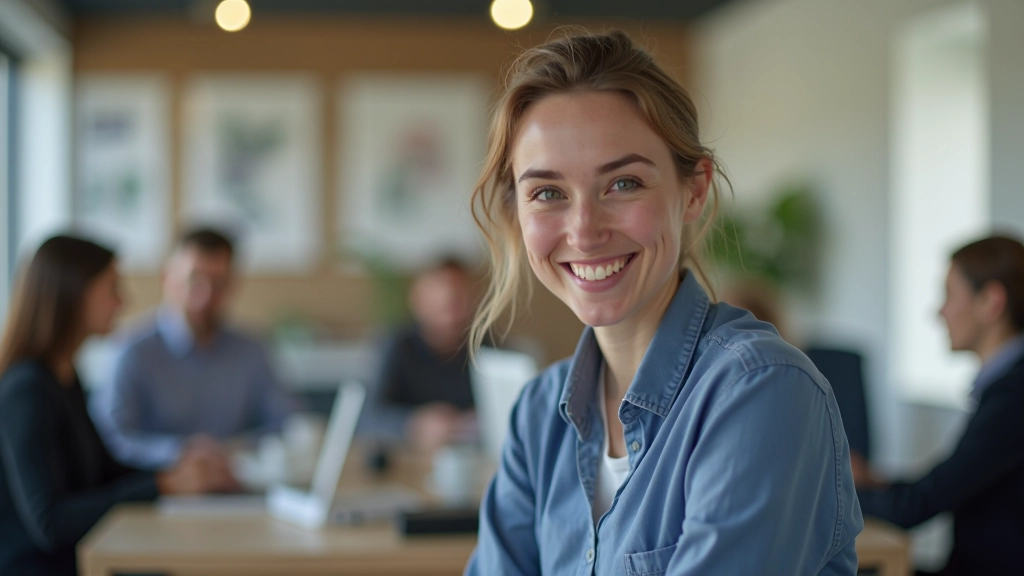 Expat zit aan kantoor, glimlacht, omringd door collega's, voelt zich welkom en ingeburggerd