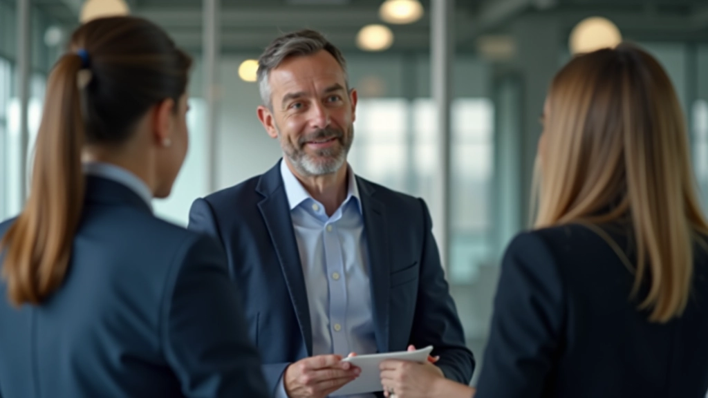 Manager voert gesprek met teamlid, kantoor omgeving met welkomstbordjes en informatiefolders
