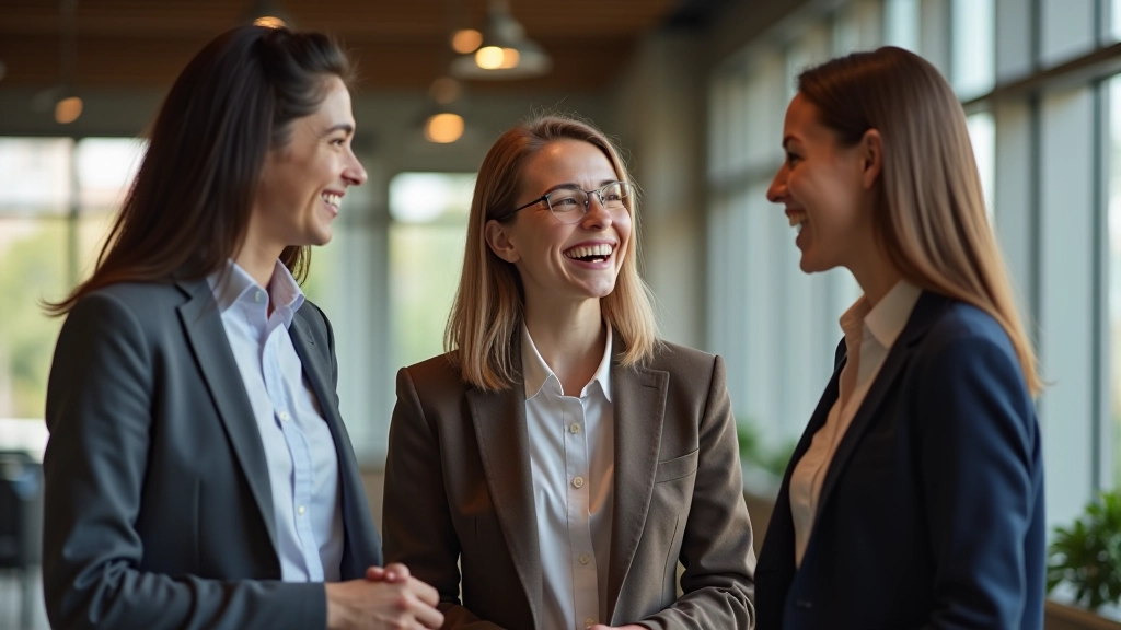 Team van drie personen lachend en pratend in kantoor, diverse achtergronden, informeel gesprek, goed licht