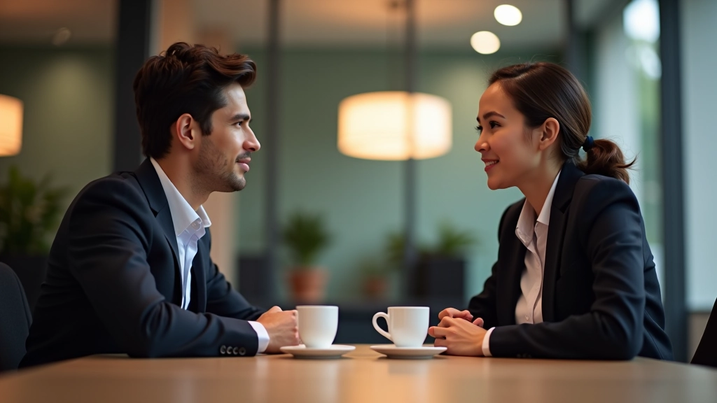 Twee professionelen in gesprek aan kantoor tafel met kopjes koffie