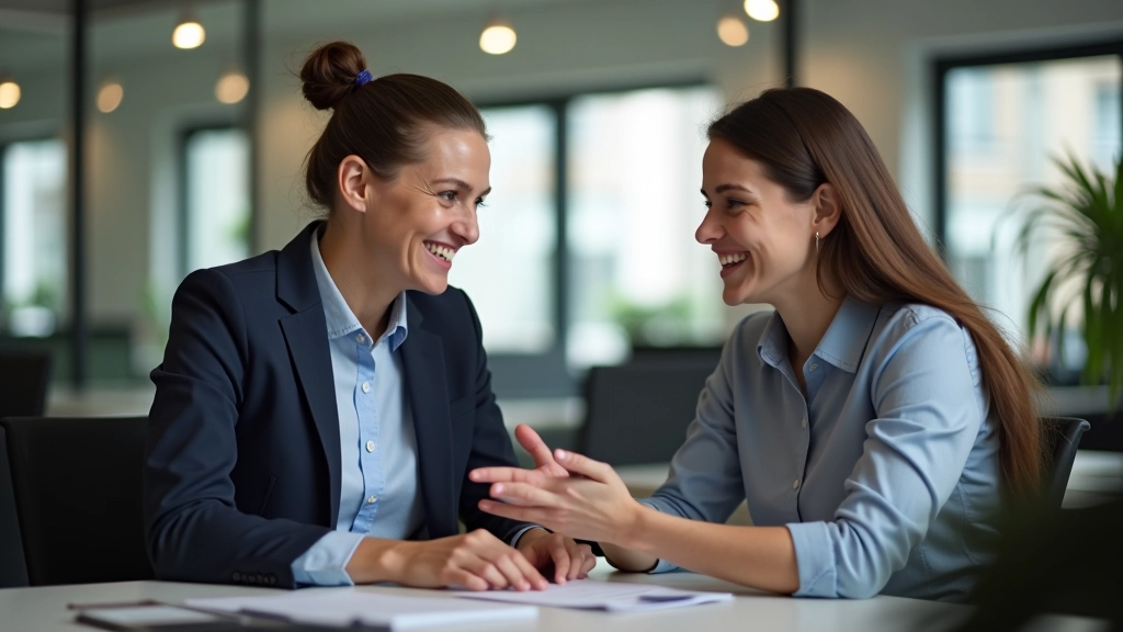 Twee collega's zitten samen aan bureau, één legt iets uit, vriendelijke sfeer, Nederlandse kantoor