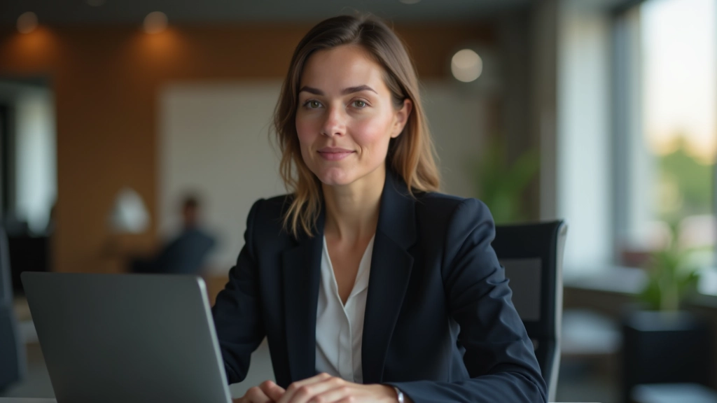Vrouwelijke professional met bedachtzame uitdrukking zittend aan bureau met laptop, diverse achtergrond, kantoorlicht
